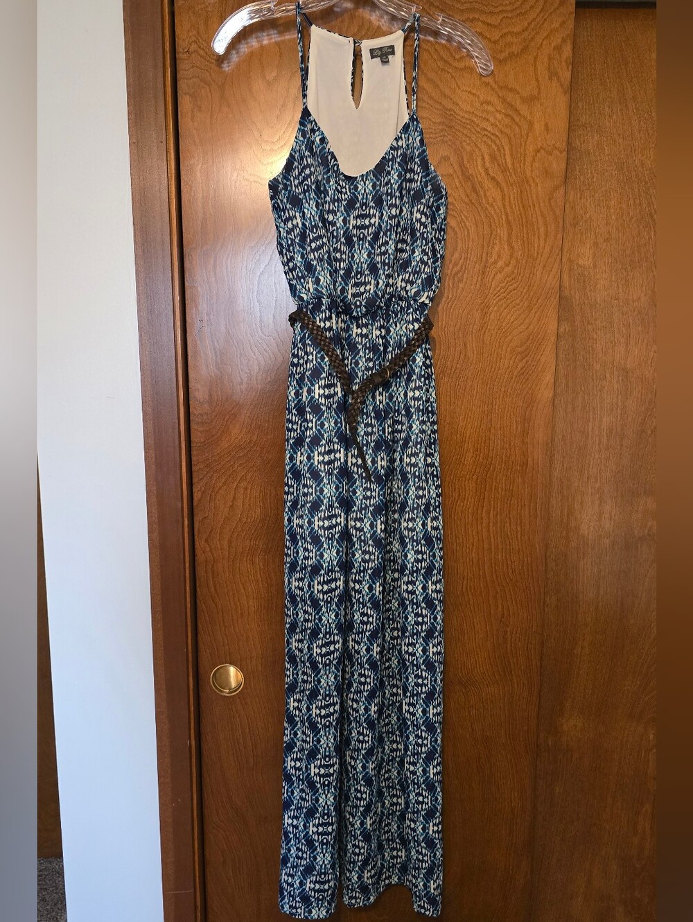 Blue Patterned Maxi Dress with Braided Belt